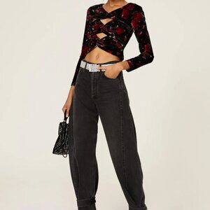 Autumn Adeigbo Rowenna twist Cutout Floral stretch Velvet Twisted Blouse top 8